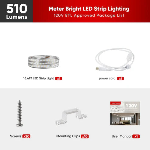110V Super Bright Double Row Plus LED Strip Light – 2800K Warm White – 510 Lumens/M – IP65 Waterproof, Dimmable