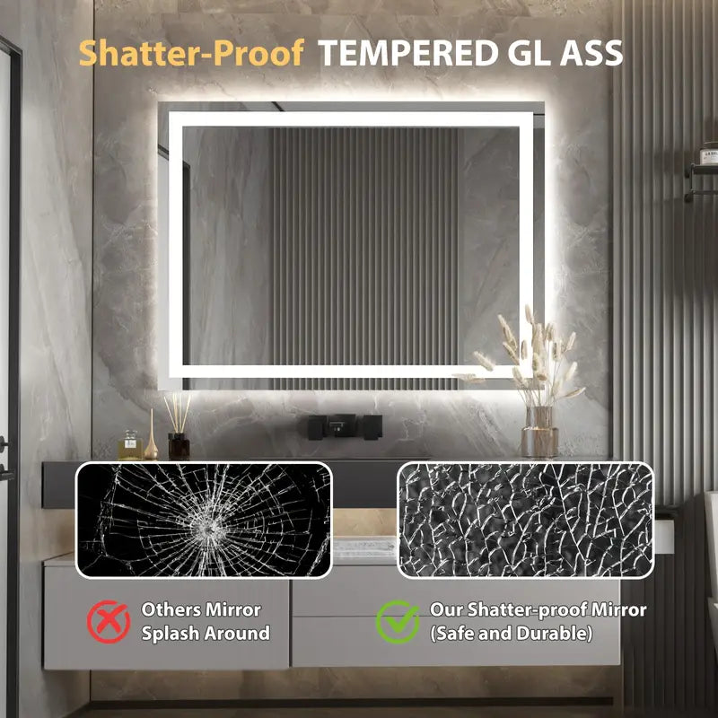 36x48" Large LED Bathroom Mirror – Backlit & Front Lighted, Anti-Fog, Dimmable, 3-Color Smart Vanity Mirror, Wall Mounted
