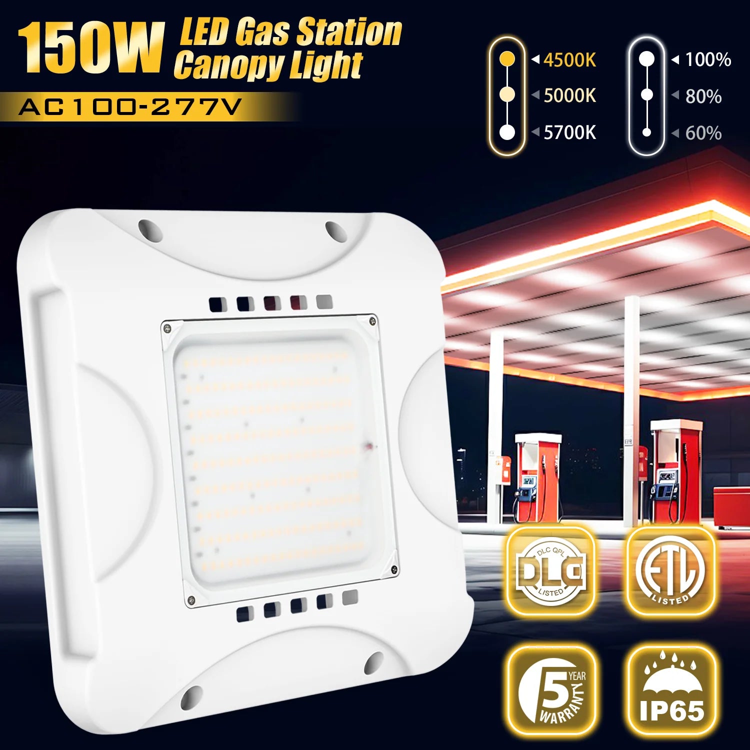 LED Canopy Light | 150W/120W/90W Tunable | CCT Adjustable (3000K/4000K/5000K) | 100–277VAC | IP65 Rated