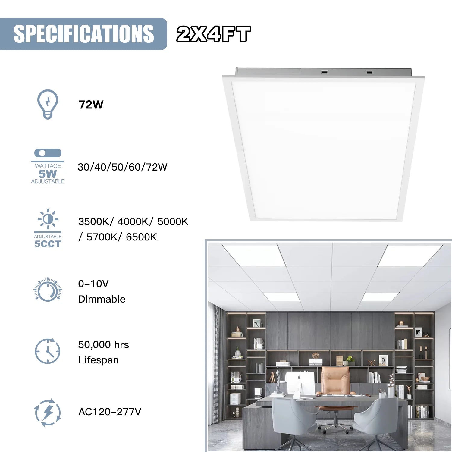 4-Pack LED Flat Panel Lights | 5-Watt 5CCT Tunable | 120-277VAC | 0-10V Dimmable | DLC/ETL Certified