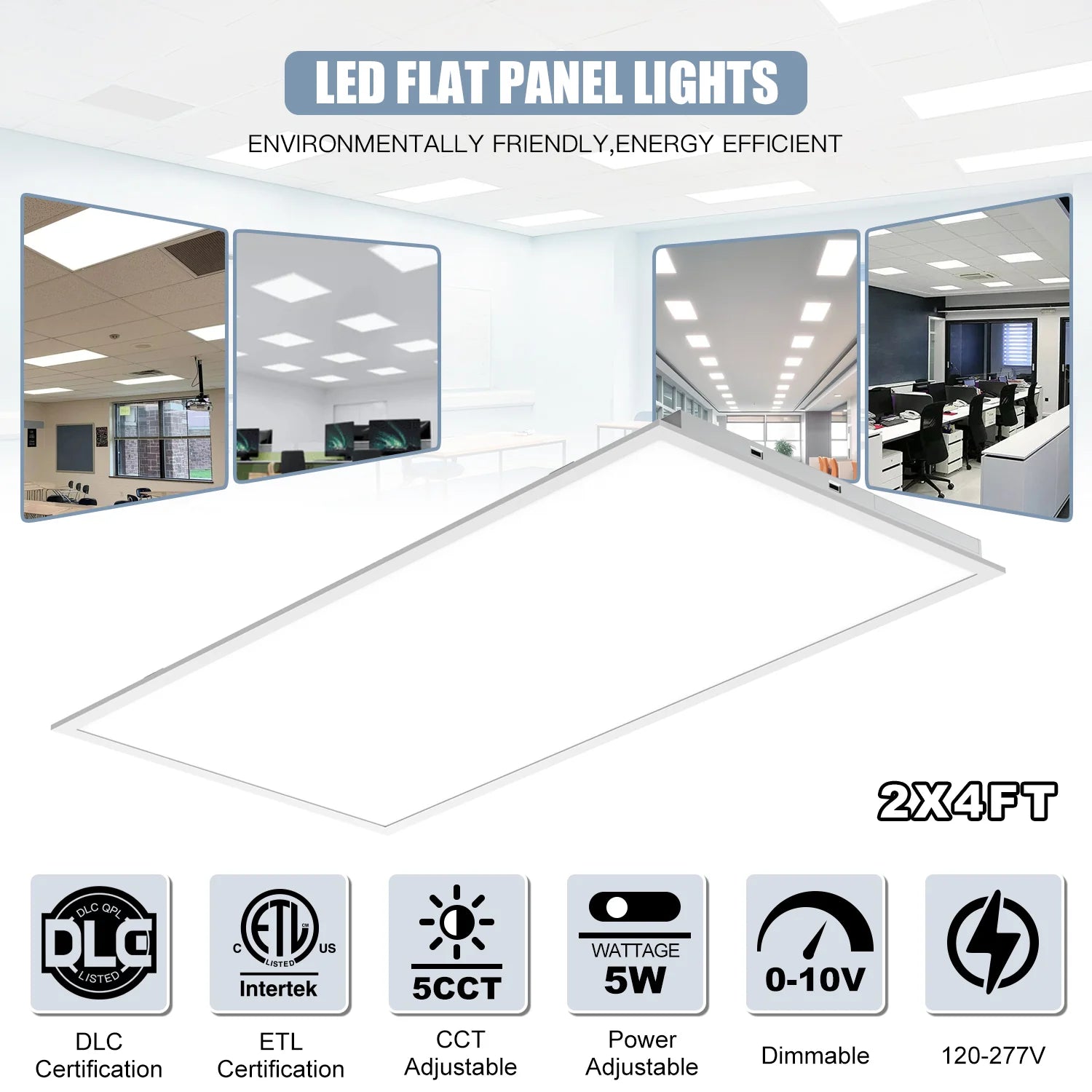 4-Pack LED Flat Panel Lights | 5-Watt 5CCT Tunable | 120-277VAC | 0-10V Dimmable | DLC/ETL Certified