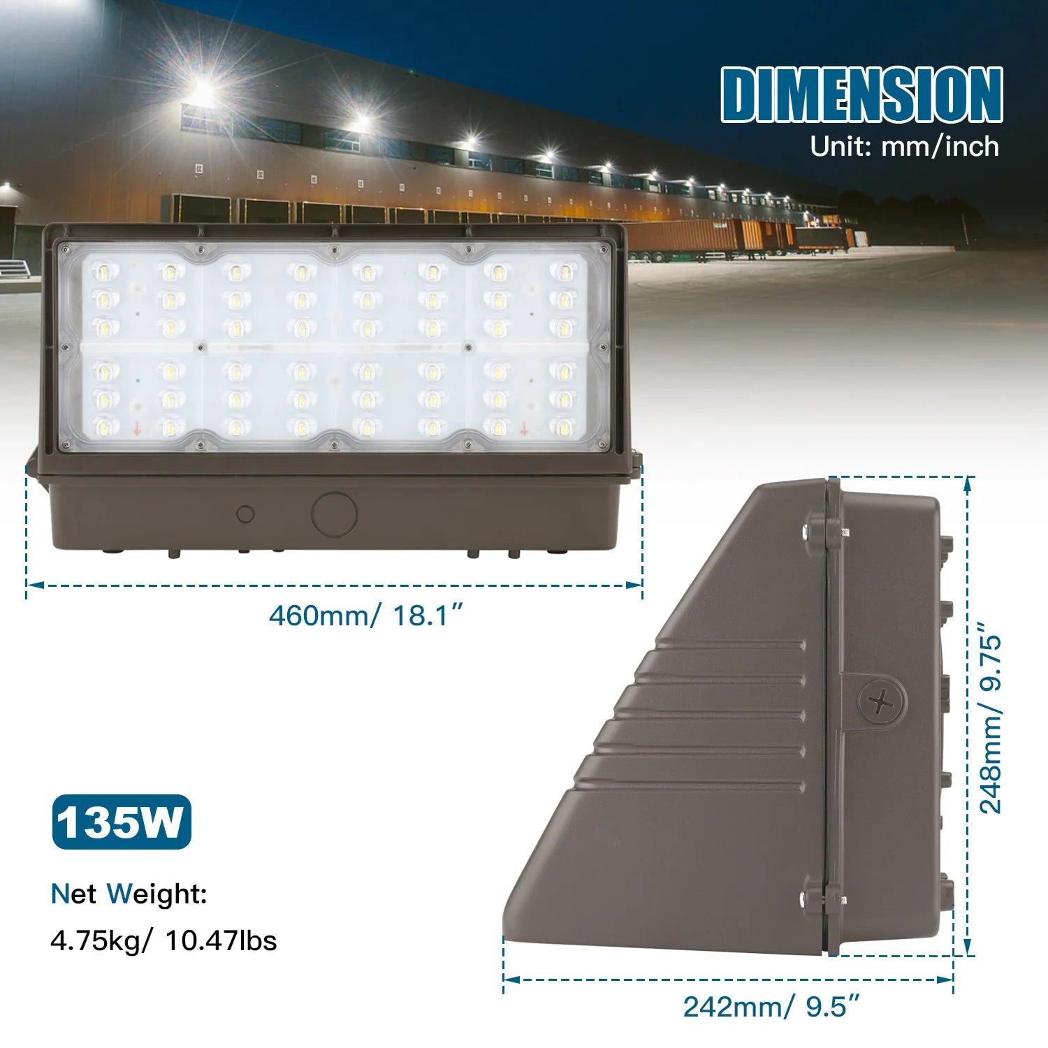135W – 28W LED Full Cut-Off Wall Pack – Watt & CCT Tunable (3000K/4000K/5000K), 120–277VAC, Photocell, UL/DLC Approved – 5-Year Warranty