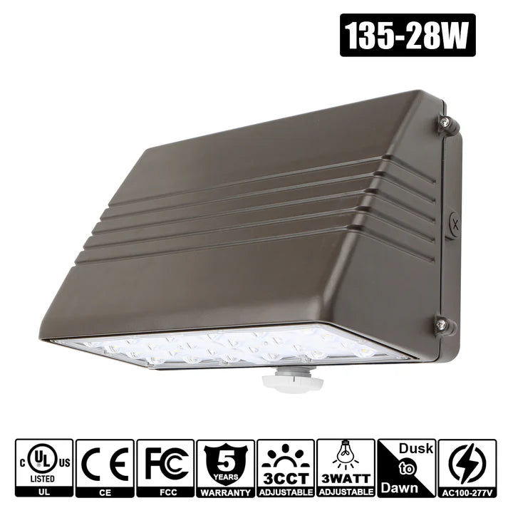 135W – 28W LED Full Cut-Off Wall Pack – Watt & CCT Tunable (3000K/4000K/5000K), 120–277VAC, Photocell, UL/DLC Approved – 5-Year Warranty