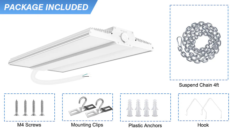 400W – 90W LED Linear High Bay Light | CCT & Watt Tunable | 100–277VAC | Microwave Sensor | DLC/UL Certified