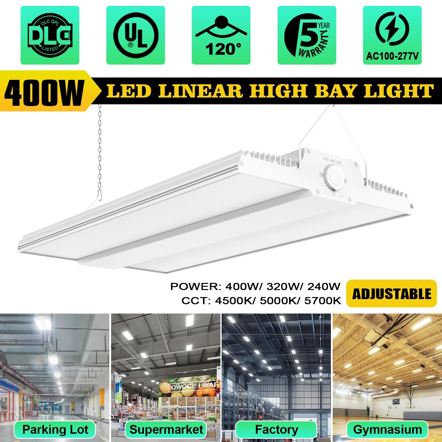 400W – 90W LED Linear High Bay Light | CCT & Watt Tunable | 100–277VAC | Microwave Sensor | DLC/UL Certified