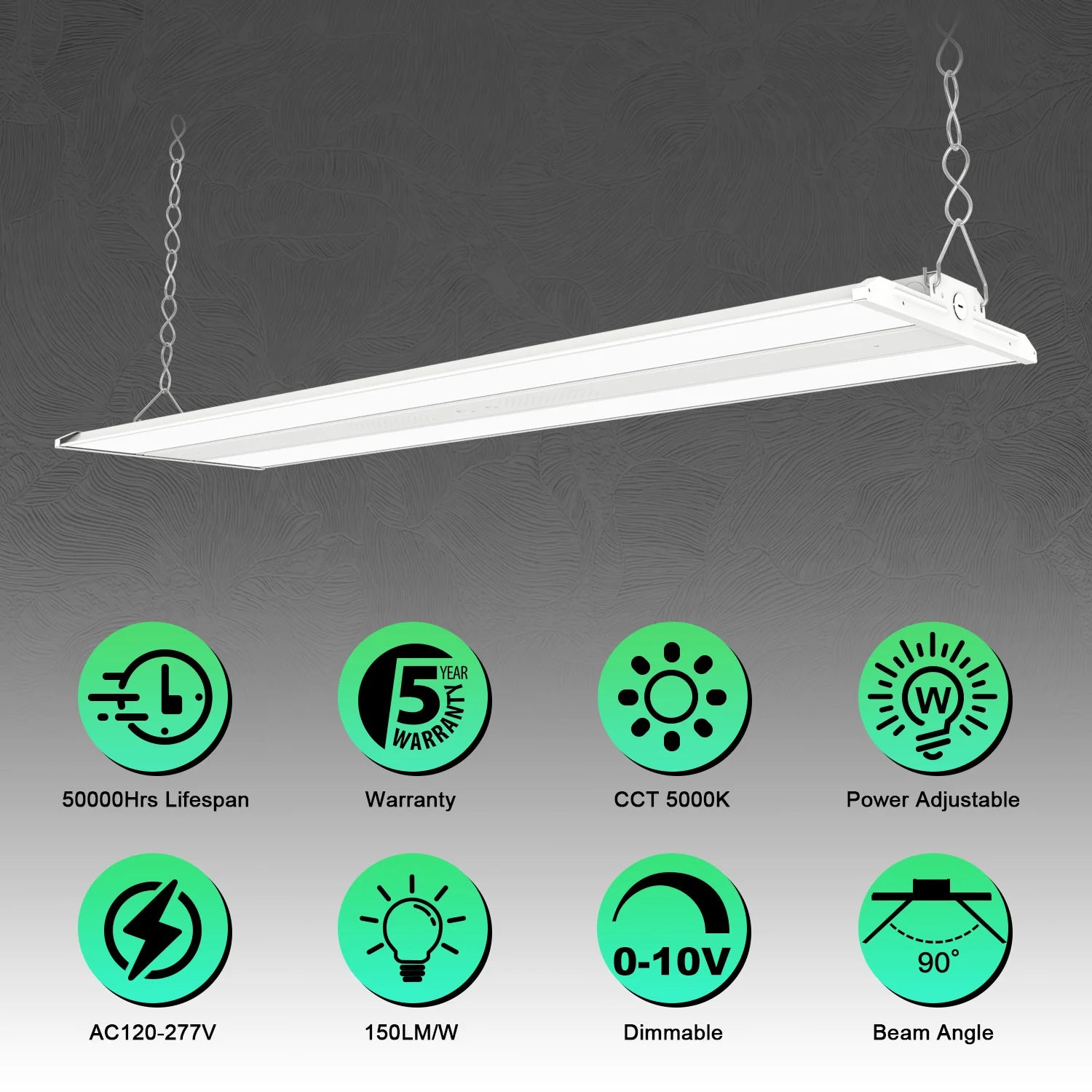 300W – 80W LED Linear High Bay Light | 3-Watt Tunable | 5000K | 120-277VAC | 0-10V Dimmable | Chain Mount
