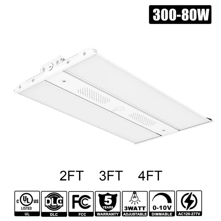 300W – 80W LED Linear High Bay Light | 3-Watt Tunable | 5000K | 120-277VAC | 0-10V Dimmable | Chain Mount