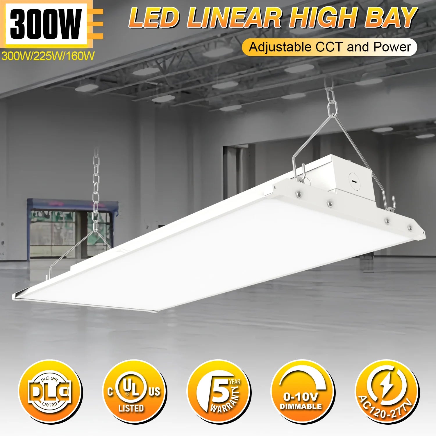 300W – 80W LED Linear High Bay Light | 3-Watt & 3-CCT Tunable | 120-277VAC | 0-10V Dim | DLC/UL Certified