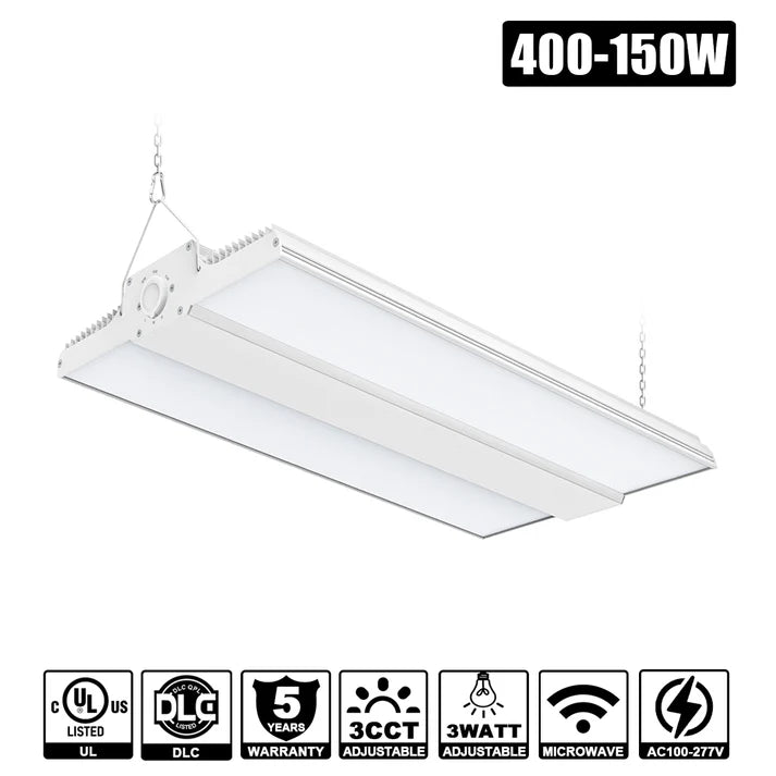 400W – 90W LED Linear High Bay Light | CCT & Watt Tunable | 100–277VAC | Microwave Sensor | DLC/UL Certified