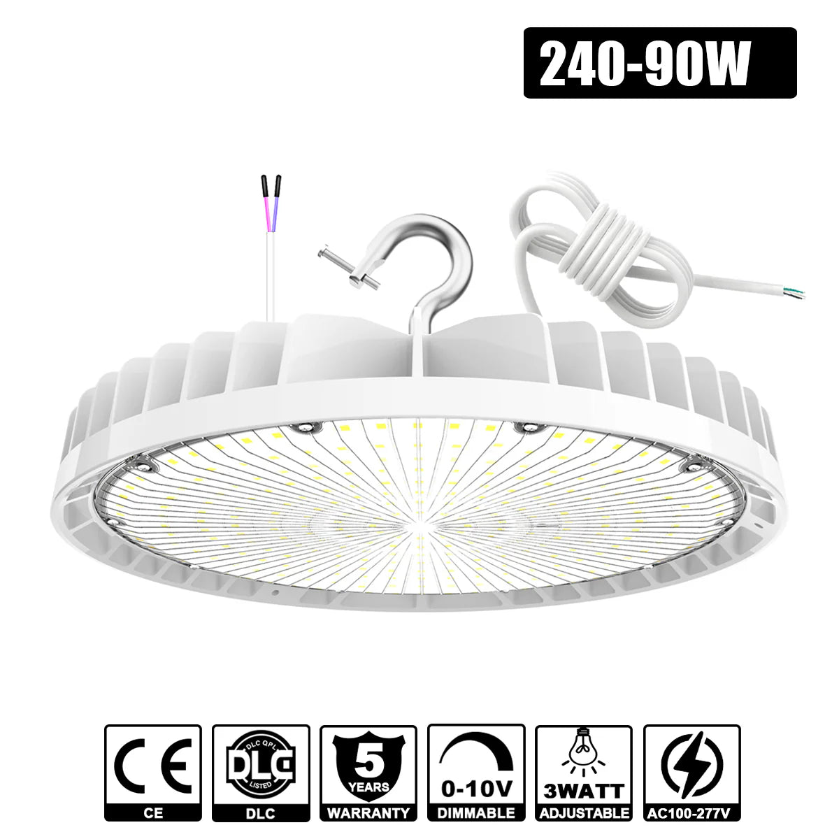 240W - 90W LED UFO High Bay Light | 5000K | 100-277VAC | White | 0-10V Dimmable