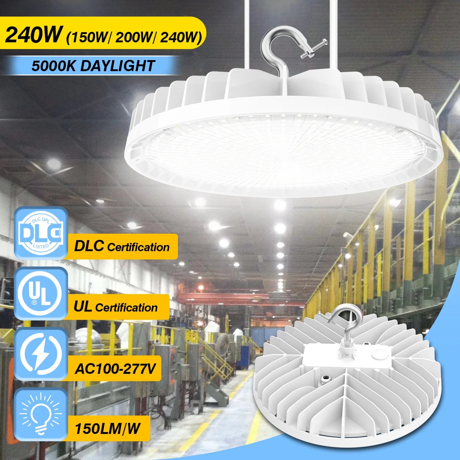 240W - 90W LED UFO High Bay Light | 5000K | 100-277VAC | White | 0-10V Dimmable