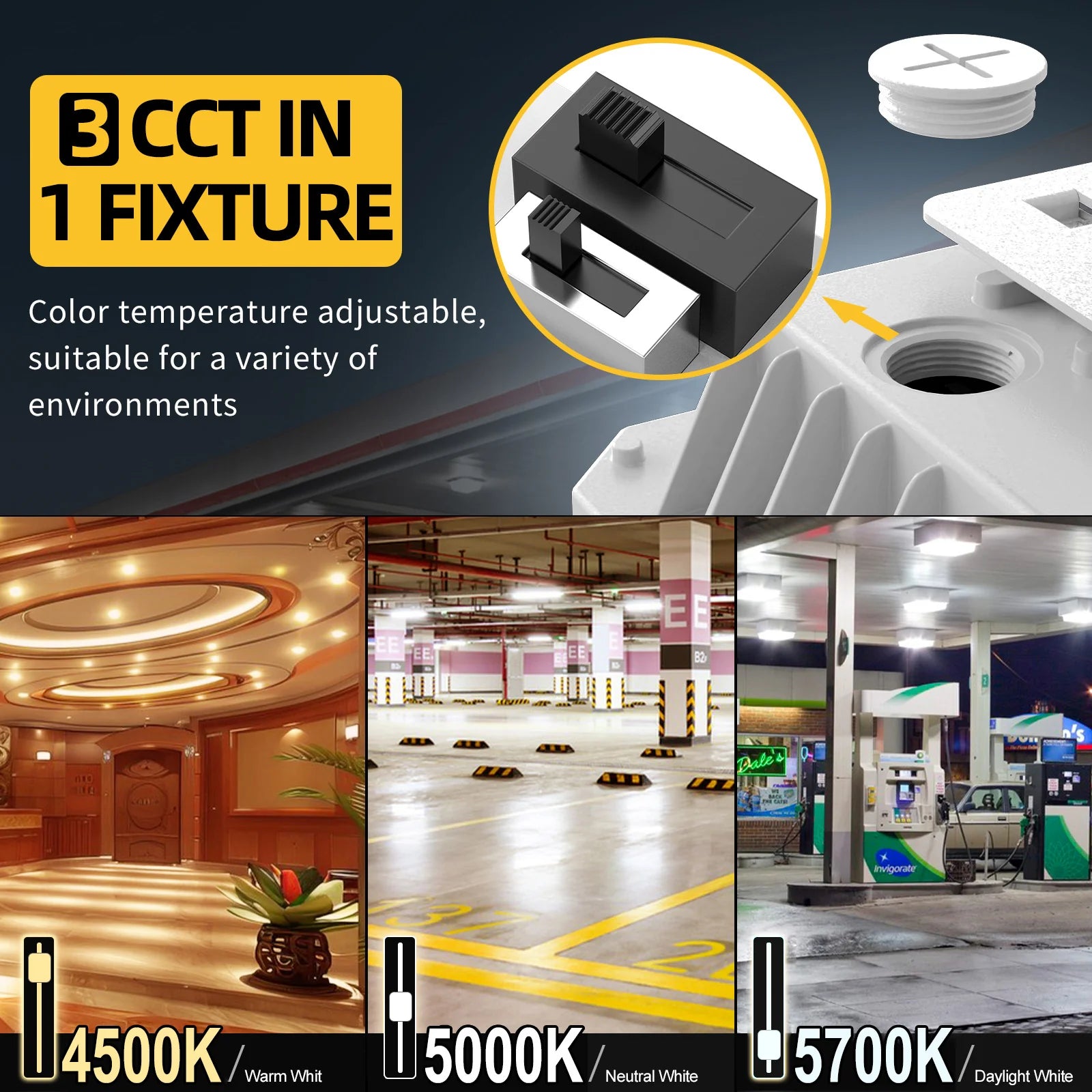 Image of 100W–36W LED Canopy Light | Watt & CCT Tunable | 4500K/5000K/5700K | 100–277VAC | With Photocell | IP65 Rated