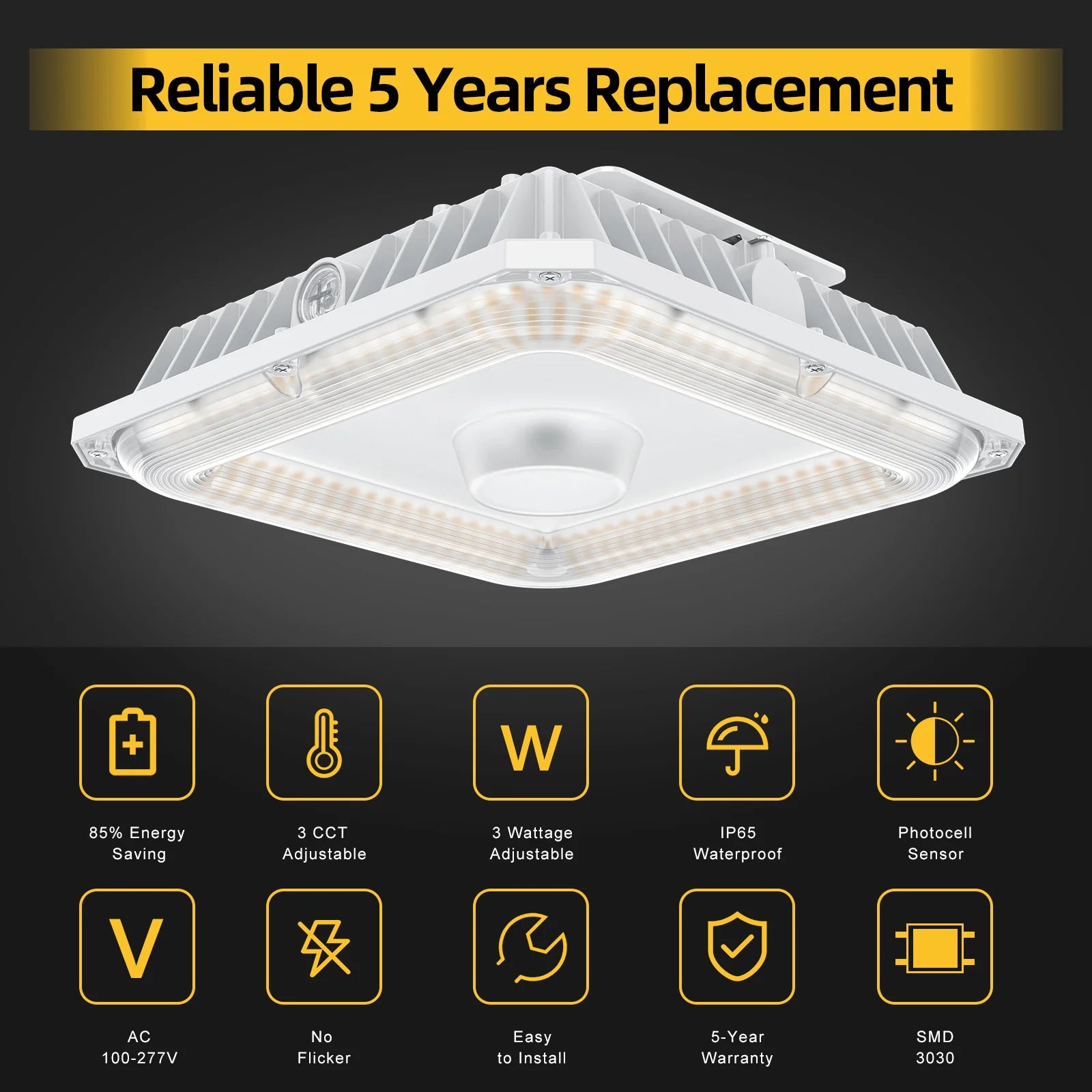 100W–36W LED Canopy Light | Watt & CCT Tunable | 4500K/5000K/5700K | 100–277VAC | With Photocell | IP65 Rated