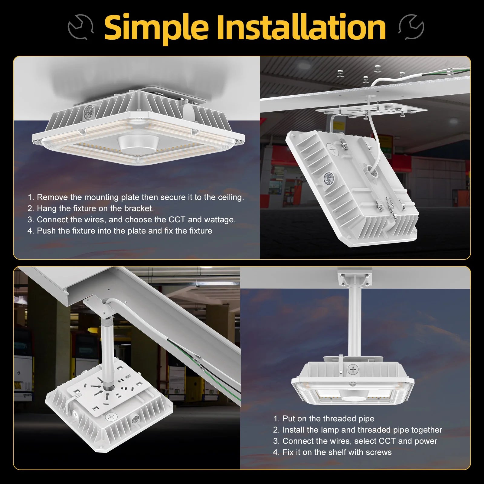 100W–36W LED Canopy Light | Watt & CCT Tunable | 4500K/5000K/5700K | 100–277VAC | With Photocell | IP65 Rated
