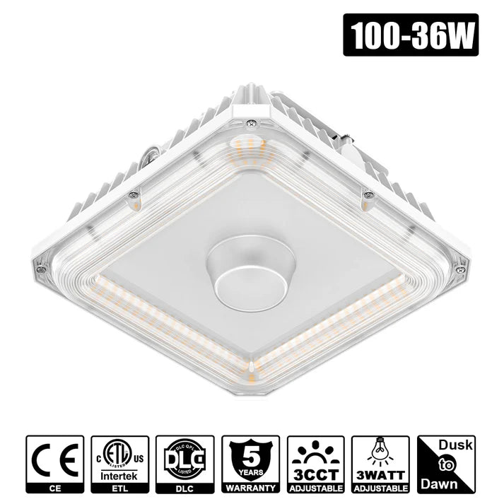 100W–36W LED Canopy Light | Watt & CCT Tunable | 4500K/5000K/5700K | 100–277VAC | With Photocell | IP65 Rated