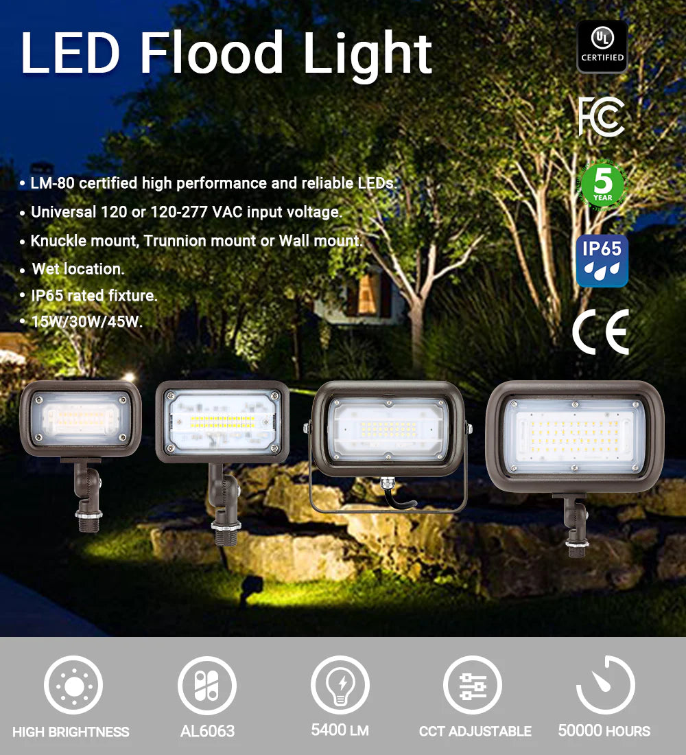 LED Knuckle Flood Light – 15W / 30W / 45W – 5000K, 120-277VAC, DLC & UL Approved (6–24 Pack)