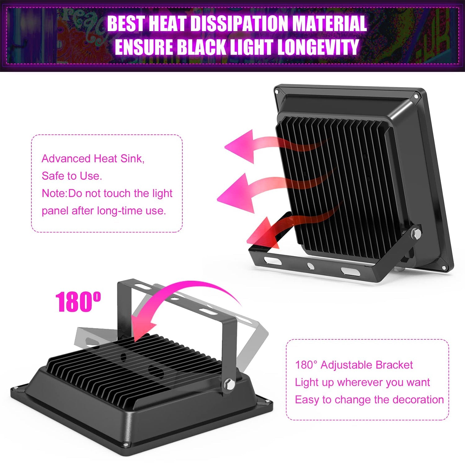 100W / 150W LED UV Black Light Floodlight | 120VAC | US Plug | IP66 Waterproof