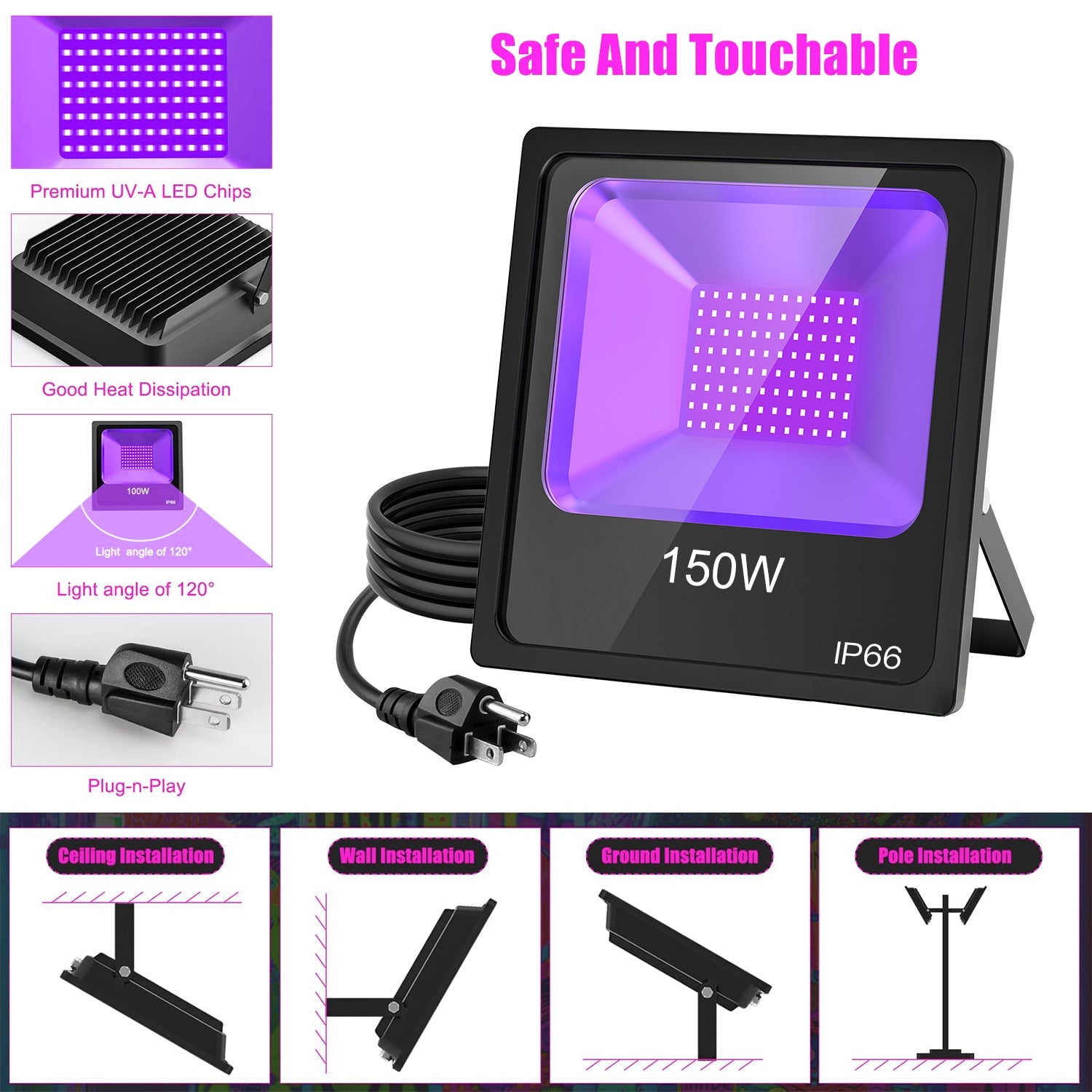 100W / 150W LED UV Black Light Floodlight | 120VAC | US Plug | IP66 Waterproof