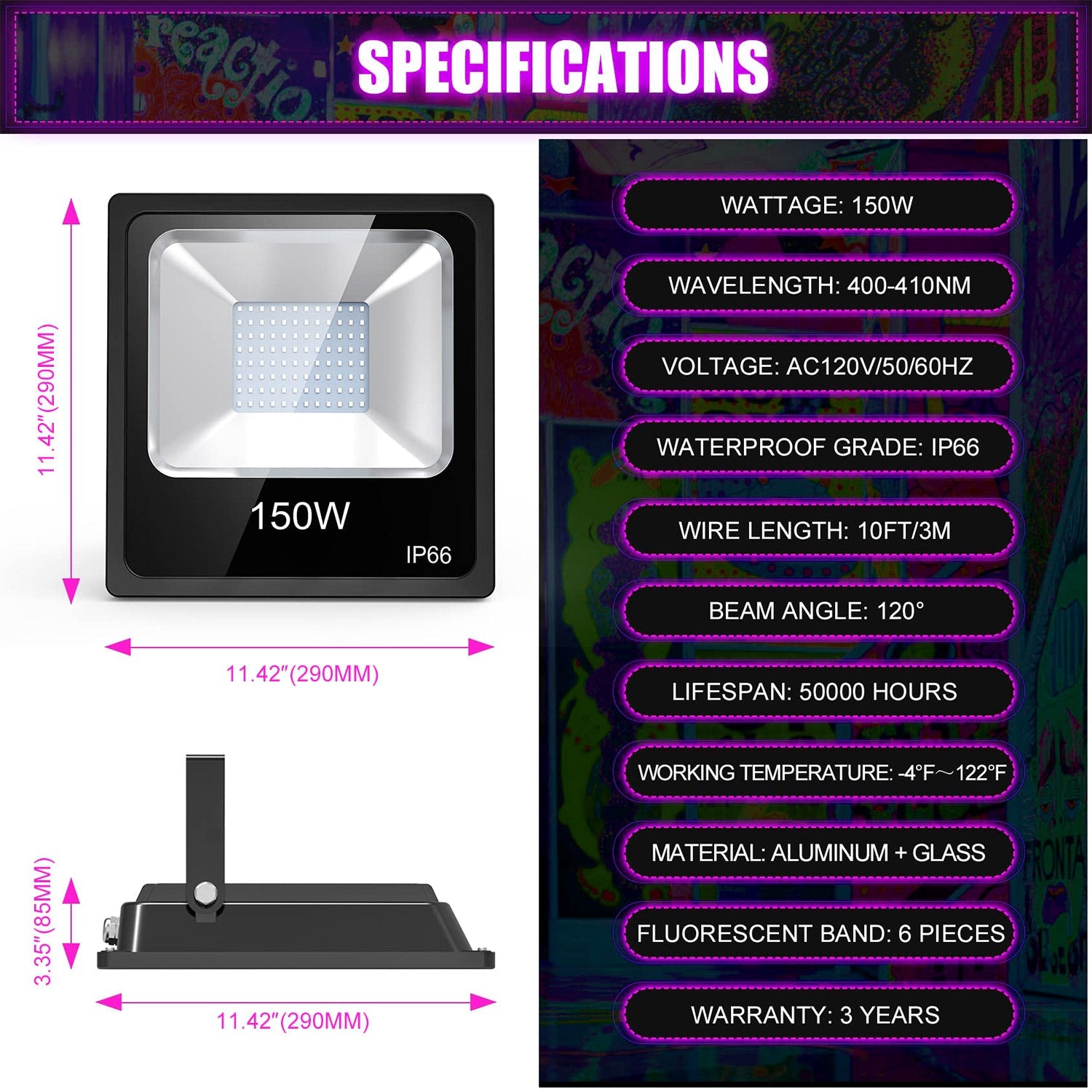 100W / 150W LED UV Black Light Floodlight | 120VAC | US Plug | IP66 Waterproof
