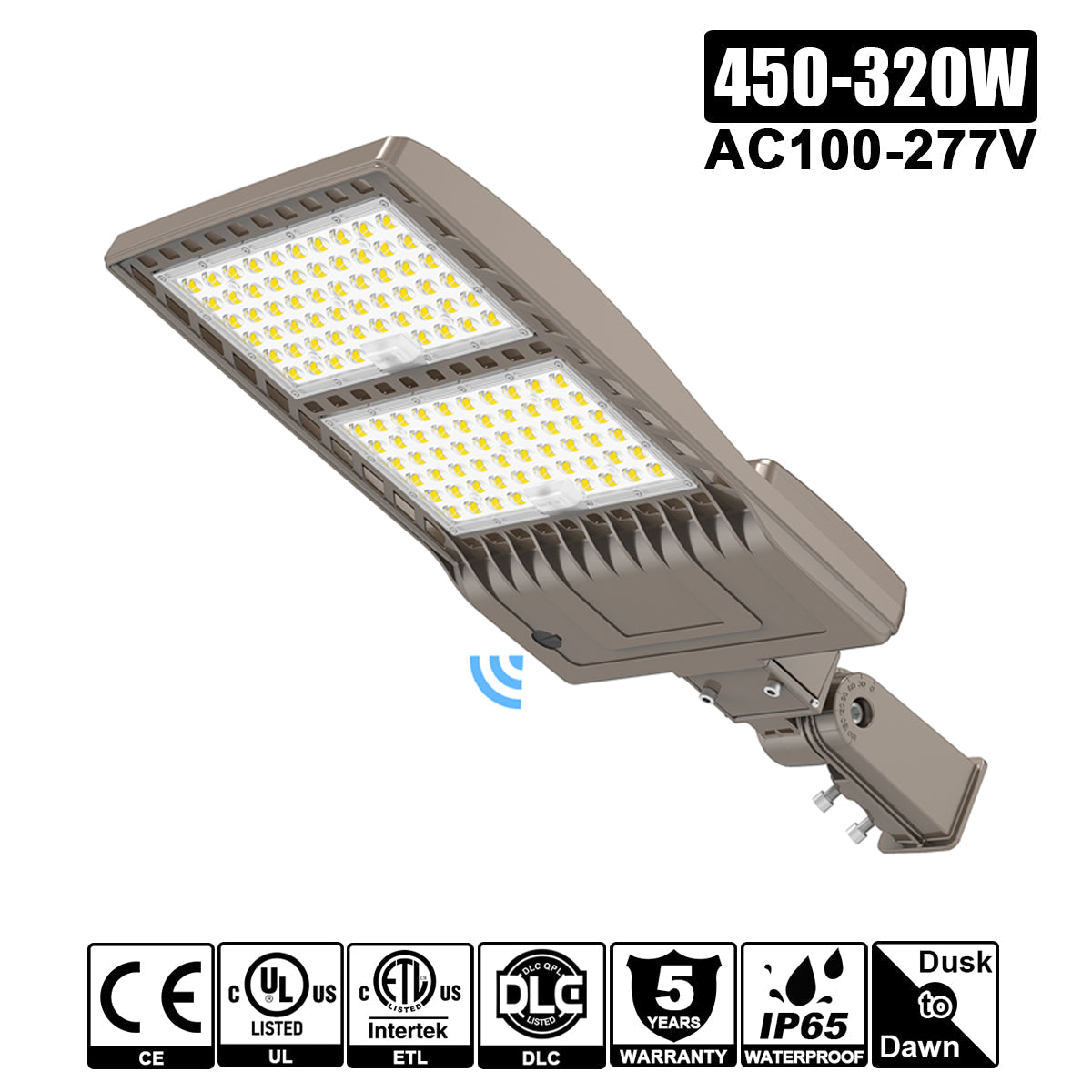 320W–450W LED Shoebox Area Light | 5000K | 100–277VAC | Built-in Photocell | 0–10V Dimmable | IP65