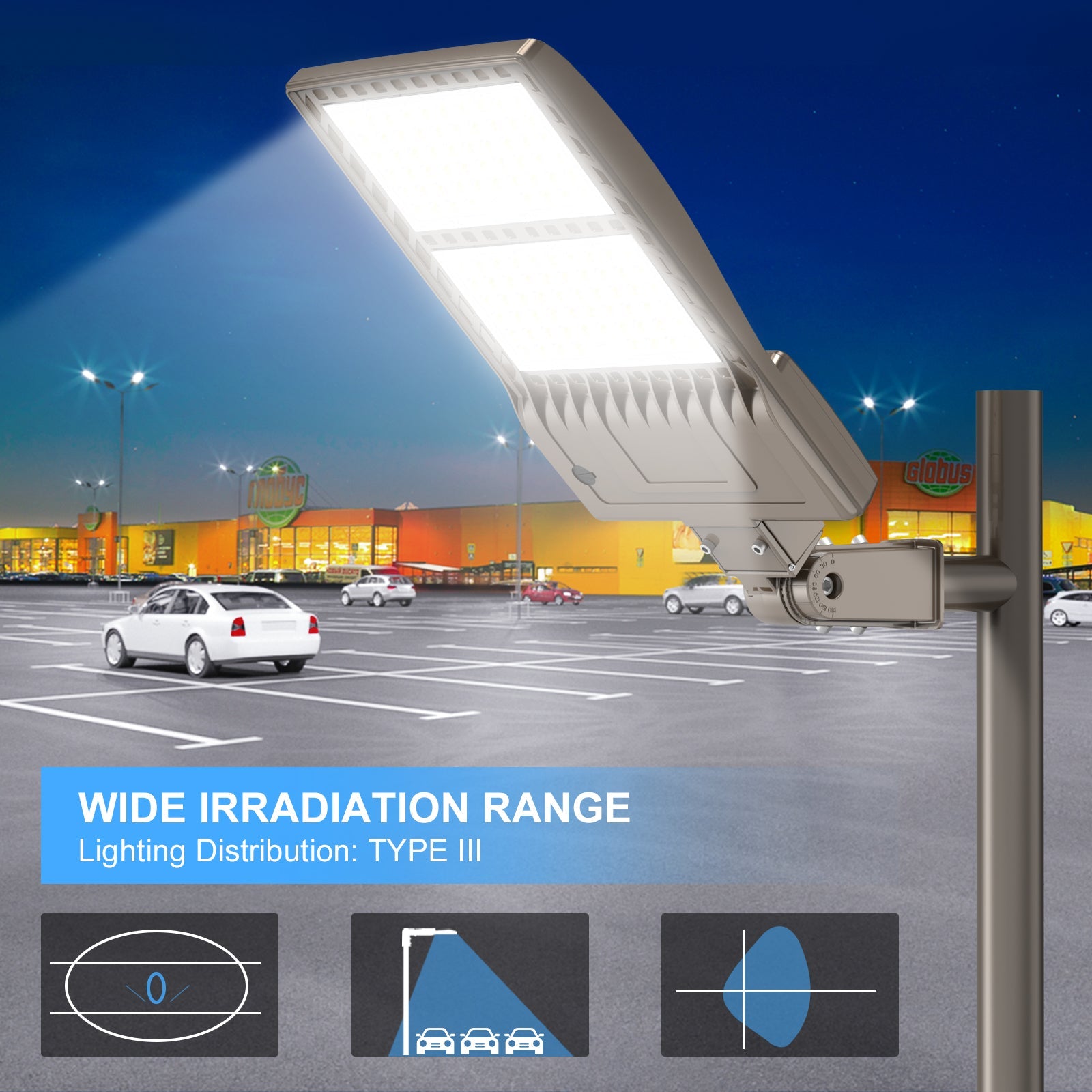 320W–450W LED Shoebox Area Light | 5000K | 100–277VAC | Built-in Photocell | 0–10V Dimmable | IP65
