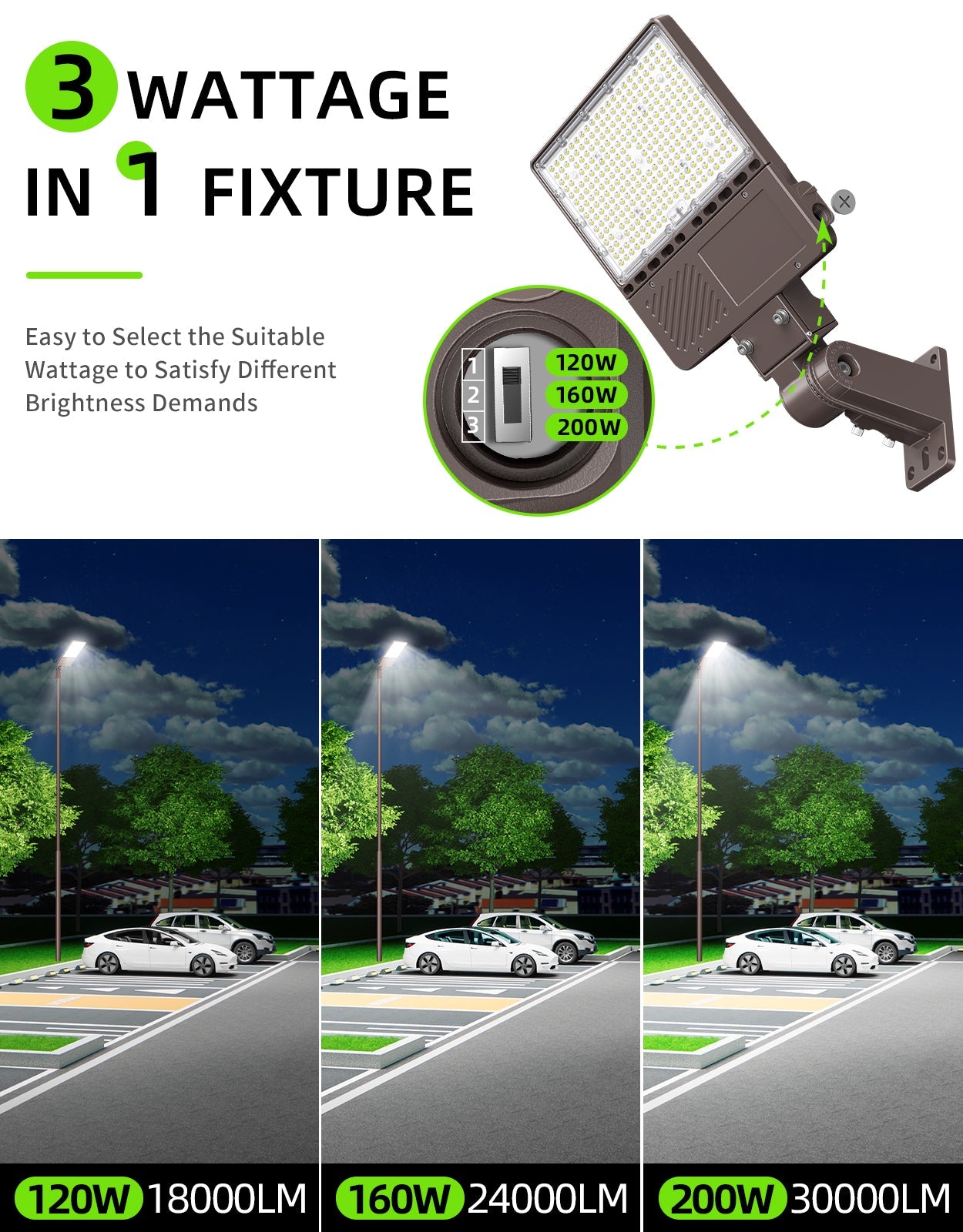 150W / 200W LED Shoebox Area Light | Wattage Tunable | 100–480VAC | Built-in Photocell | 0–10V Dimmable