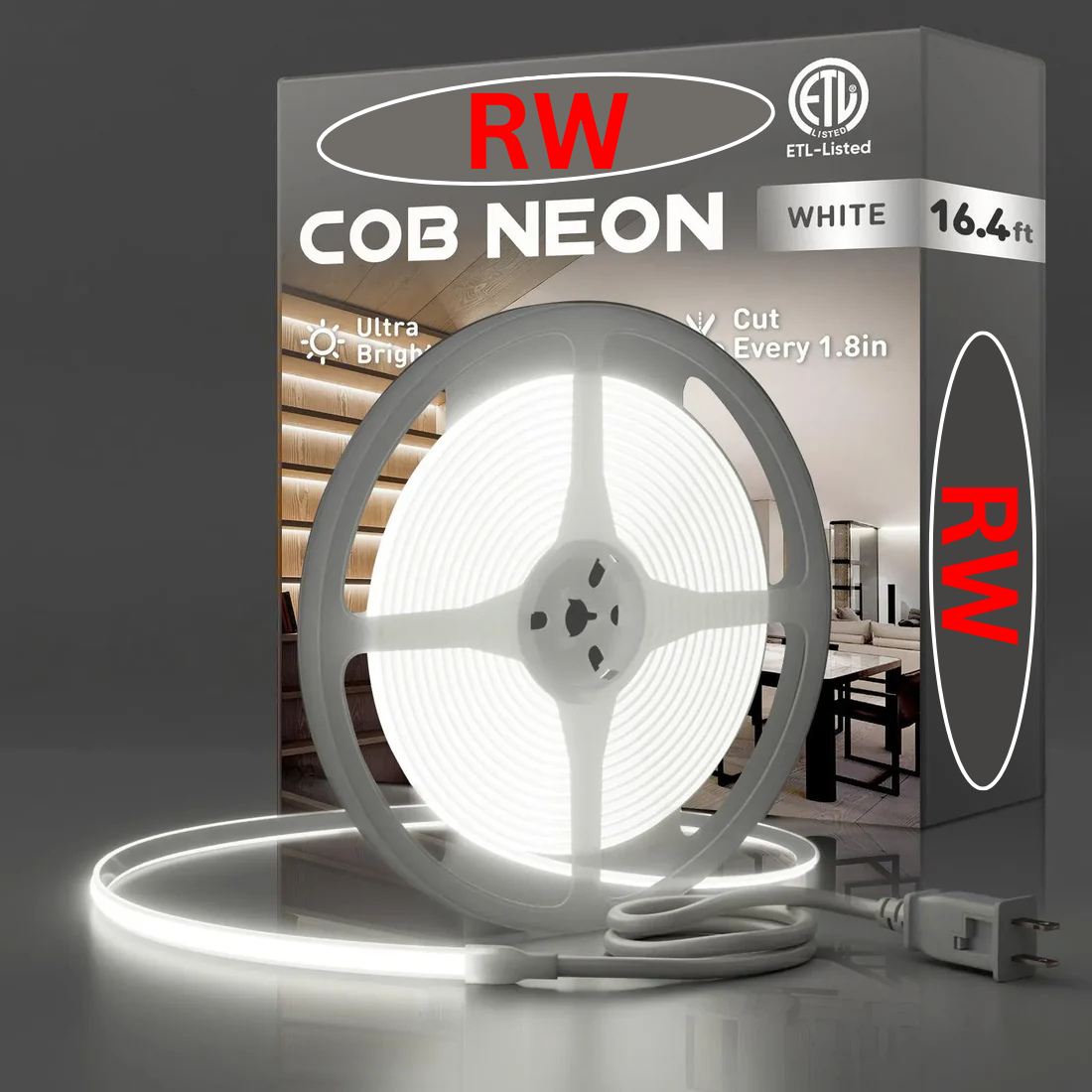 Image of RW COB Neon LED strip light with packaging on a dark background
