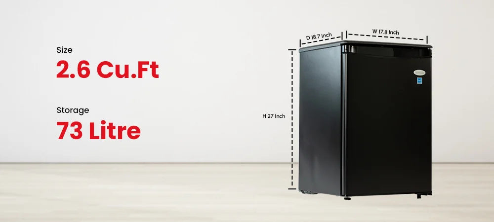 Roomwell UK 2.6 Cu.Ft Mini Fridge – Large Capacity Hotel Refrigerator Without Freezer, Quiet, Energy Star Rated, Black