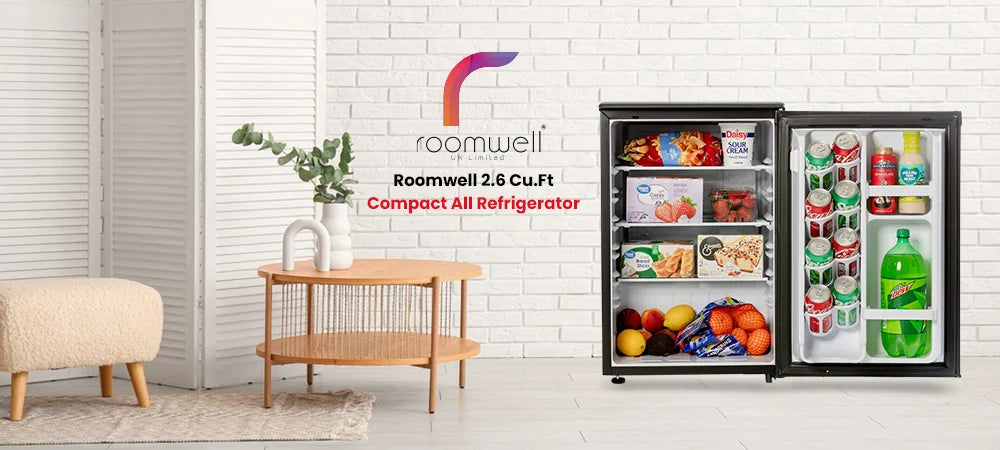Roomwell UK 2.6 Cu.Ft Mini Fridge – Large Capacity Hotel Refrigerator Without Freezer, Quiet, Energy Star Rated, Black