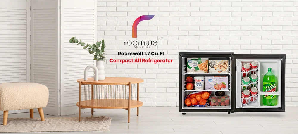 Roomwell UK 1.7 Cu.Ft Mini Fridge – Compact Hotel Refrigerator Without Freezer, Quiet, Energy Star Rated, Black