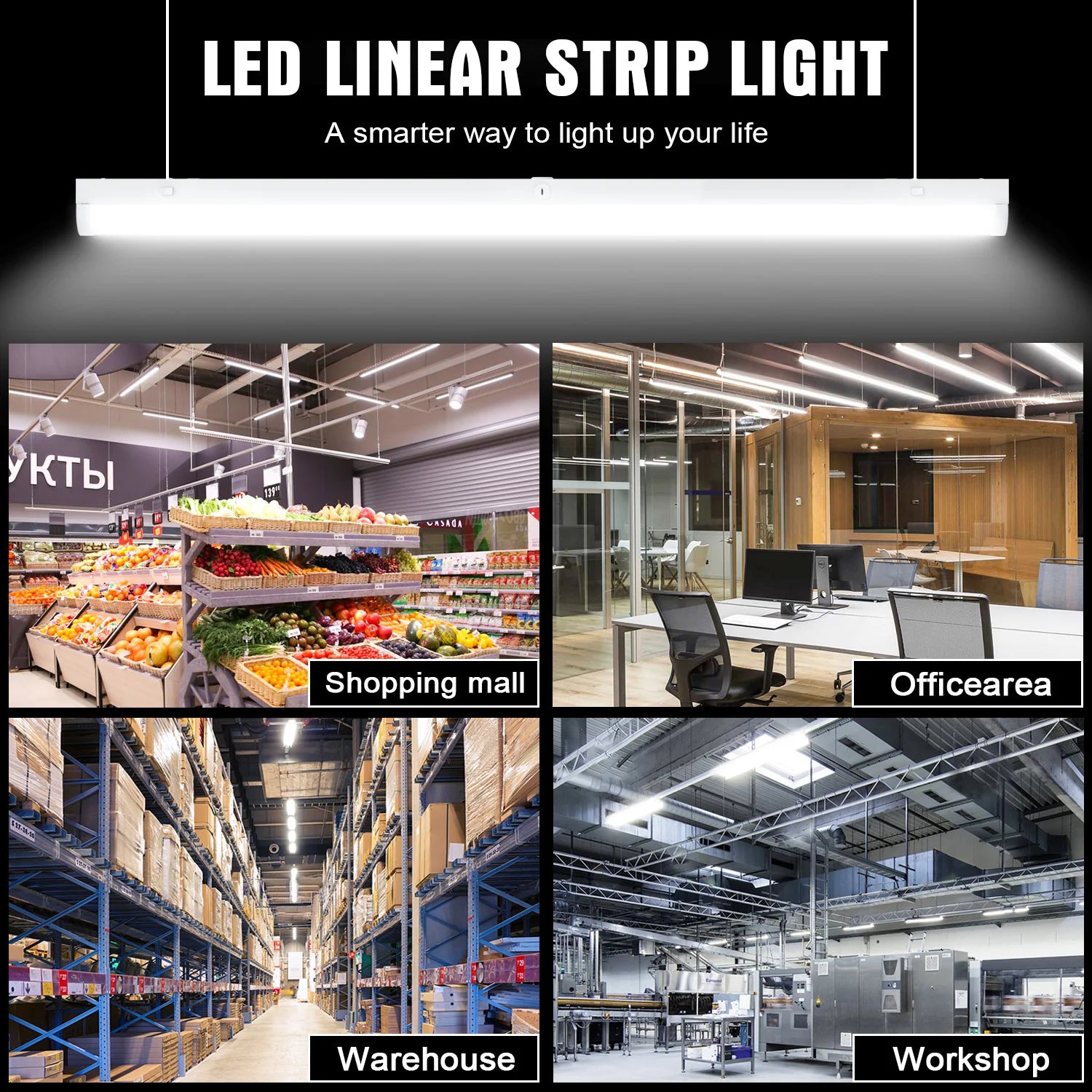 4-Pack LED Shop Lights | 4ft & 8ft | 3-Watt Tunable Batten Tube | 5CCT Selectable | 120-277V | 0-10V Dimmable