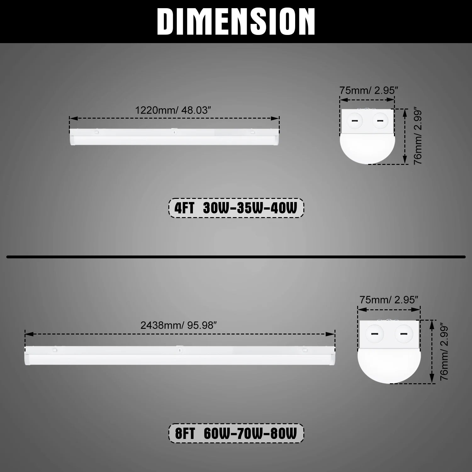 Image of 4-Pack LED Shop Lights | 4ft & 8ft | 3-Watt Tunable Batten Tube | 5CCT Selectable | 120-277V | 0-10V Dimmable