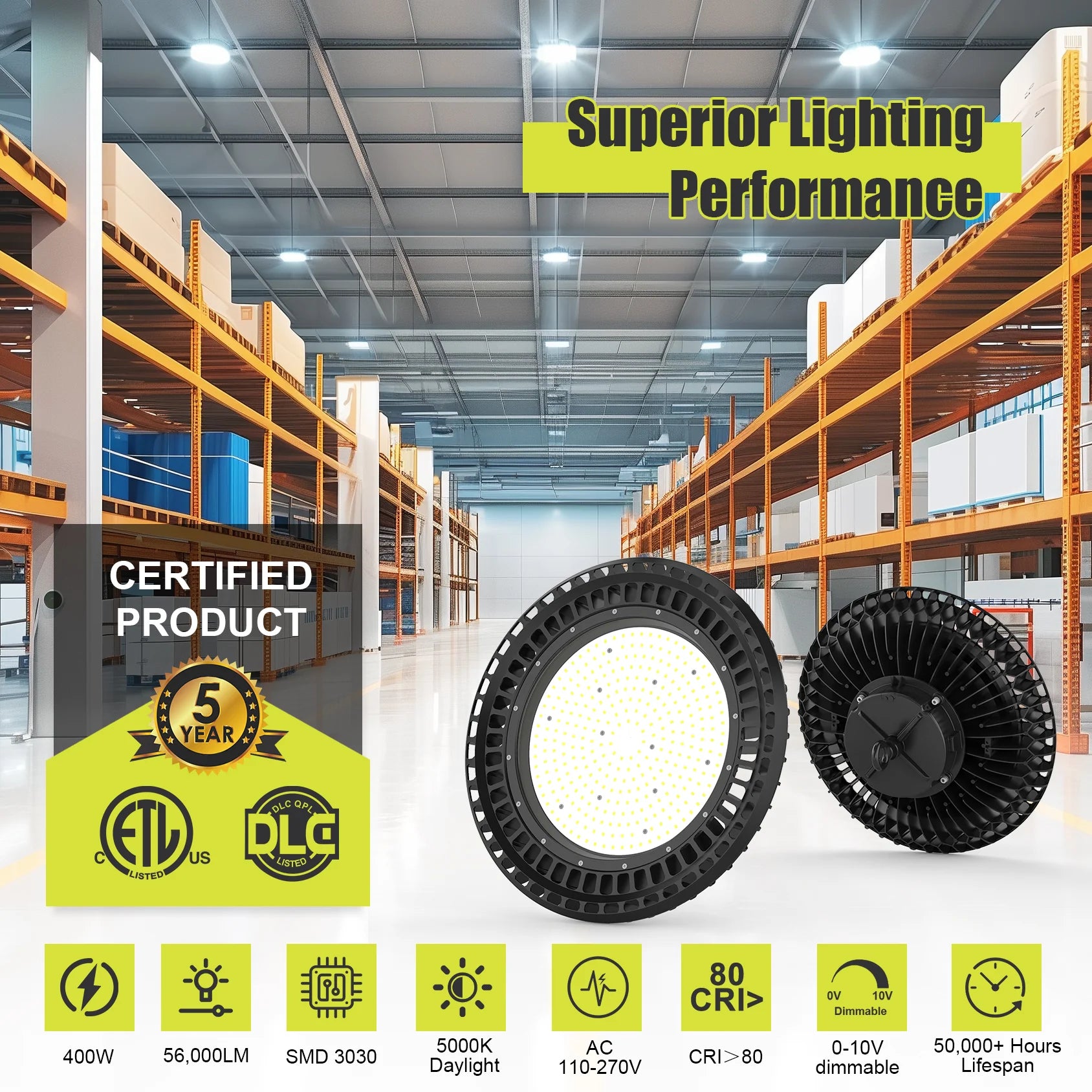 500W / 400W / 300W LED UFO High Bay Light – 5000K | 100-277VAC | 0-10V Dimmable | IP65