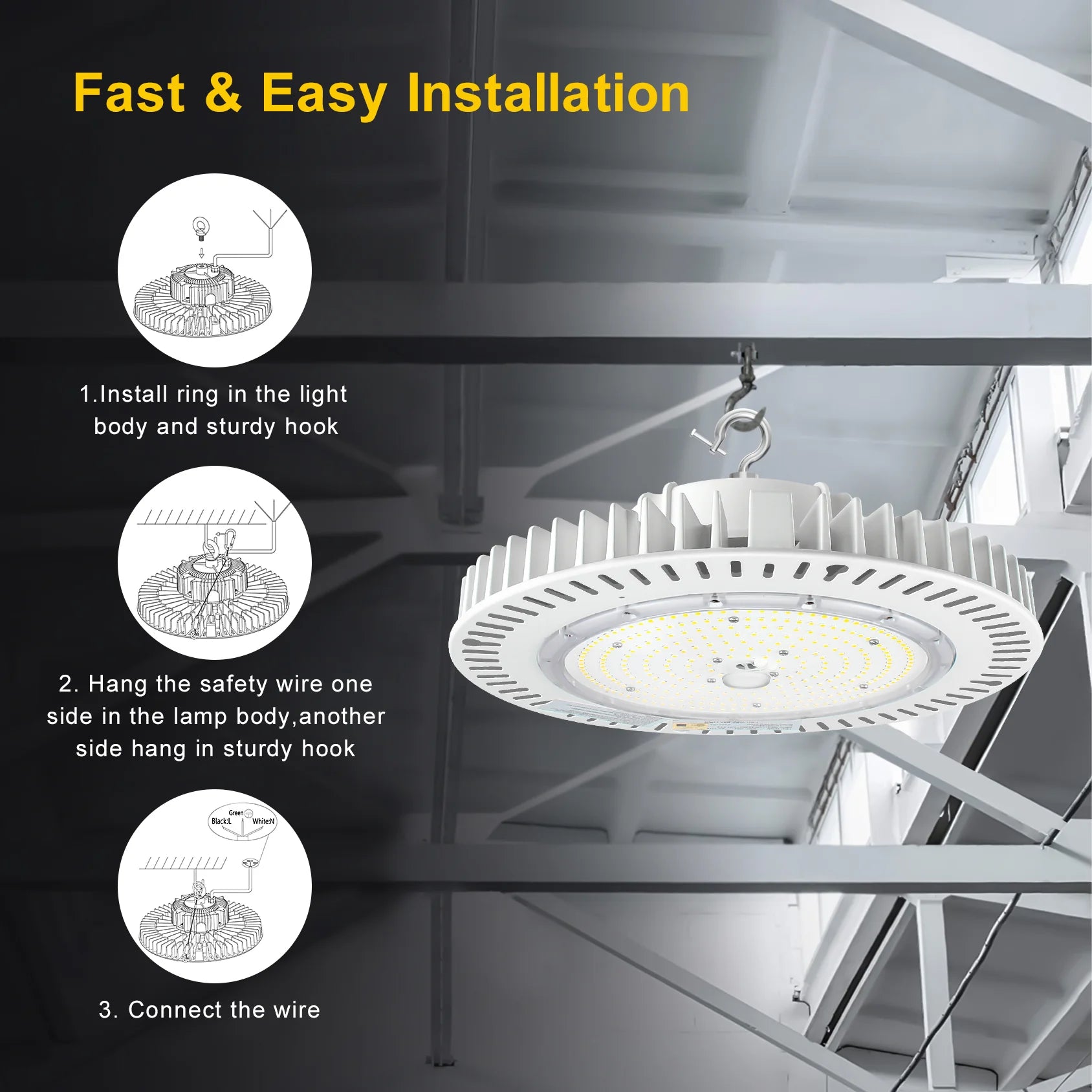 240W / 200W / 150W LED Industrial High Bay Light – 5000K | 100-277VAC | 0-10V Dimmable | IP65 | Black