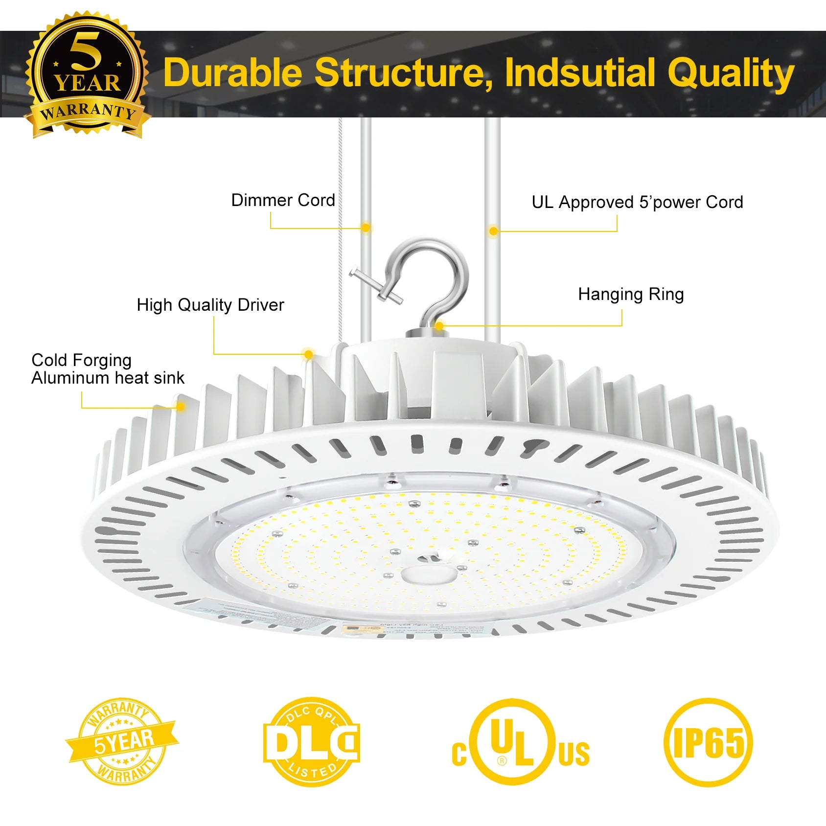 240W / 200W / 150W LED Industrial High Bay Light – 5000K | 100-277VAC | 0-10V Dimmable | IP65 | Black