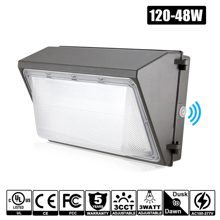 150W – 48W LED Outdoor Wall Pack Light – Watt & CCT Tunable (4500K/5000K/5700K), 100–277VAC, Photocell – ETL/DLC/UL Approved – 5-Year Warranty