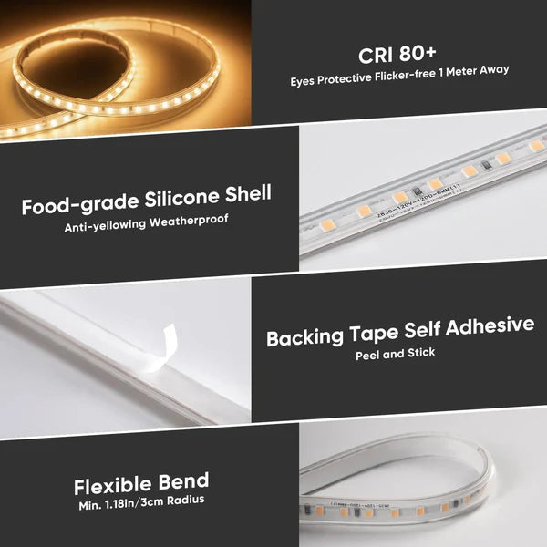 110V COB LED Strip Light – Driverless Warm White 2800K | Cuttable, ETL Listed, Waterproof LED Tape Light