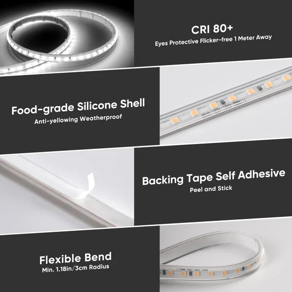 110V COB LED Strip Light, Driverless Cool White 6000K, ETL Listed, Waterproof LED Tape Light