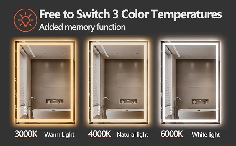 Smart LED Bathroom Mirror – Anti-Fog, Dimmable, 3-Color Lighting, Memory Function, 5mm Shatterproof Glass, Wall-Mounted