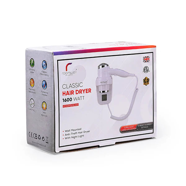 Image of Roomwell UK 1600W Wall Mount Hair Dryer – White | Hotel & Hospitality Grade